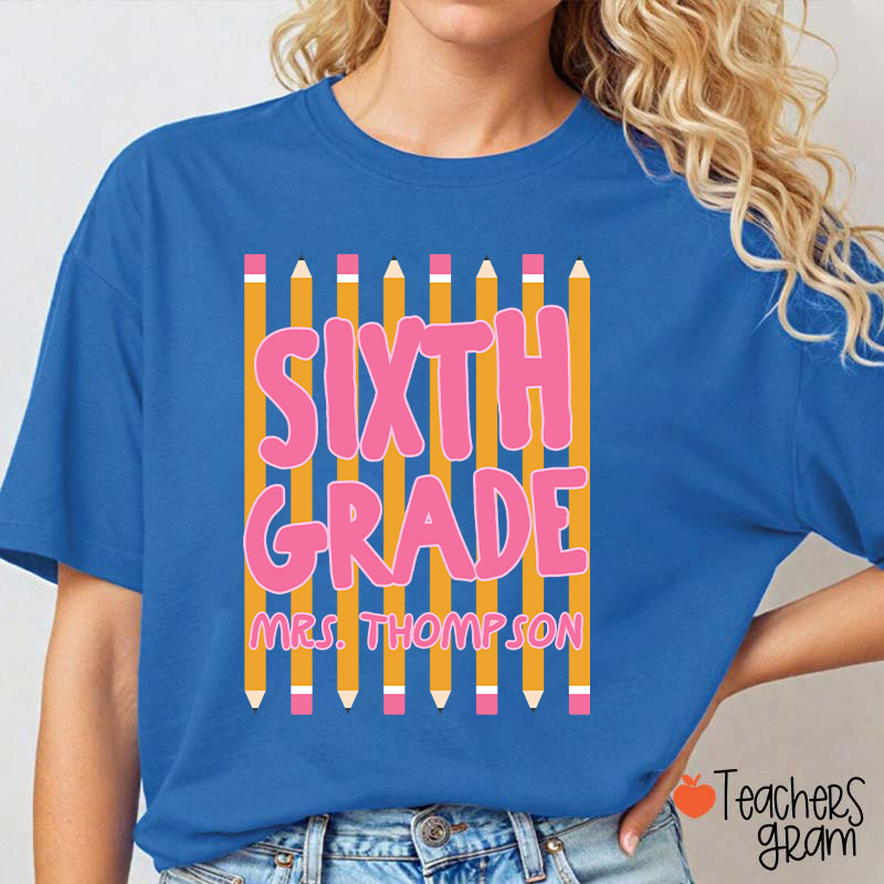 Personalized Name And Grade Pencil Stripes Teacher T-Shirt