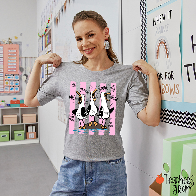 Personalized Pink Stripes Seagull Meme Teacher T-Shirt