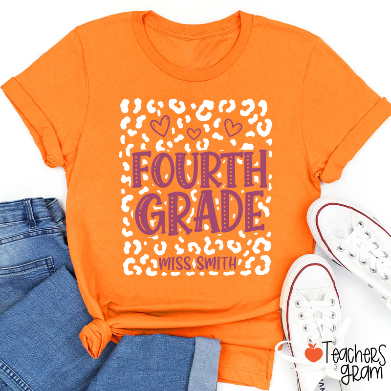 Personalized Name And Grade Leopard Heart Teacher T-Shirt