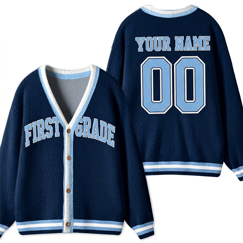 Personalized Grade Name Number V‑Neck Striped Button Teacher Ugly Cardigan Sweaters