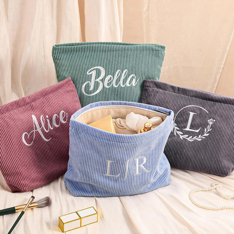 Personalized Name Embroidered Corduroy Preppy Teacher Makeup Bag