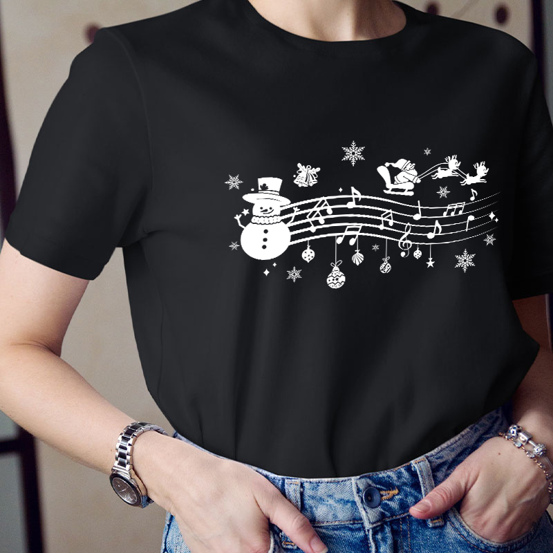 Santa Sleigh Snowman Music Teacher T-Shirt