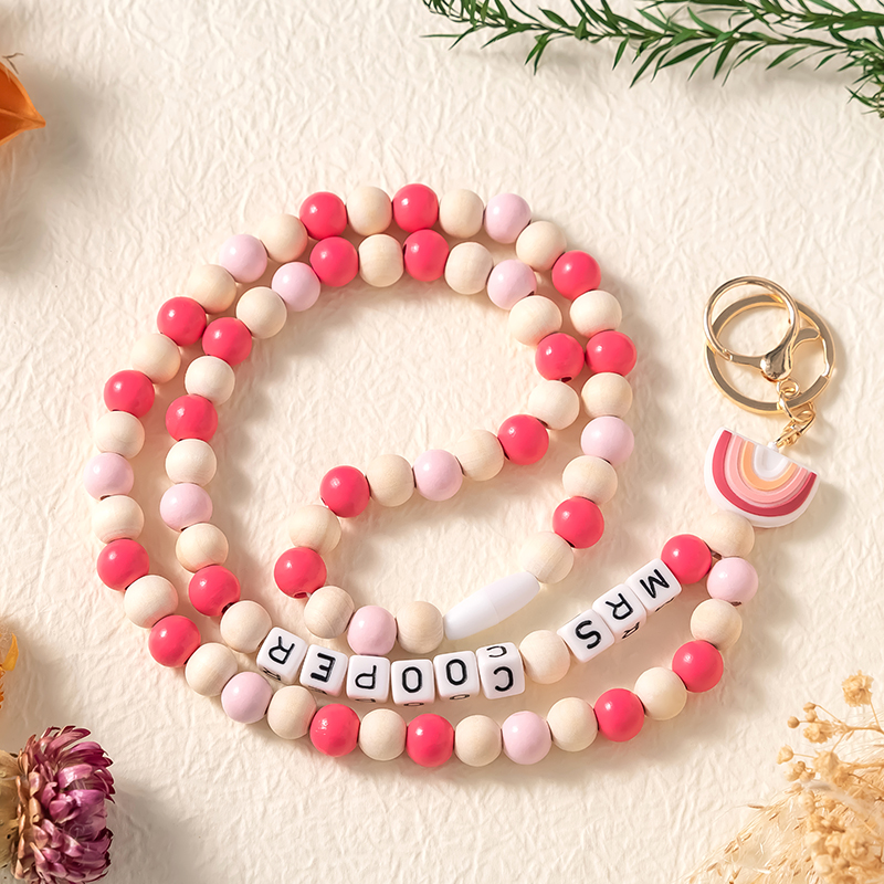 Personalized Rainbow Pink Bead Teacher Lanyard