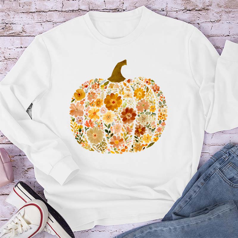 Pumpkin Orange Flowers Grass Teacher Long Sleeve T-Shirt