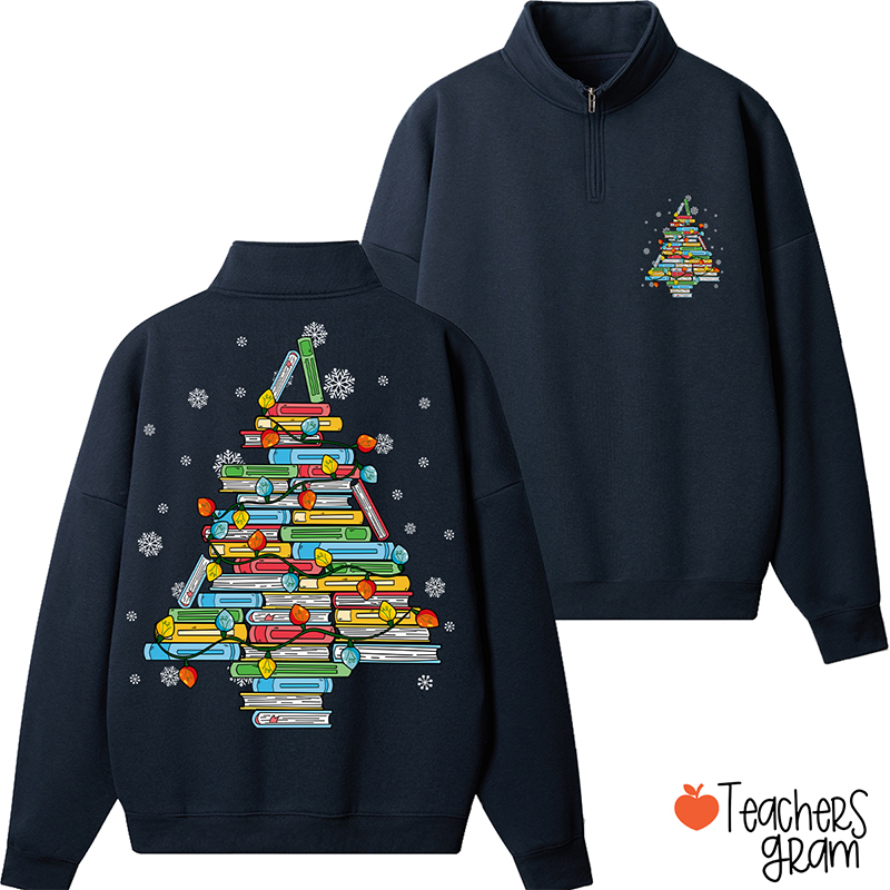 Christmas Books Tree Teacher Quarter Zip Sweatshirt