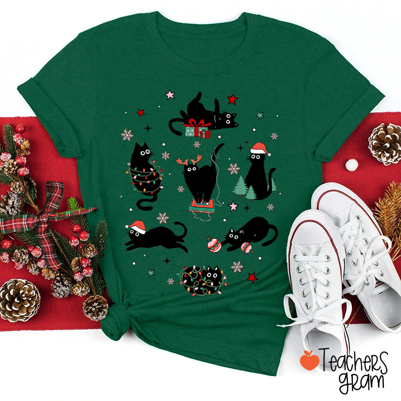 Christmas Black Cat Teacher T-Shirt