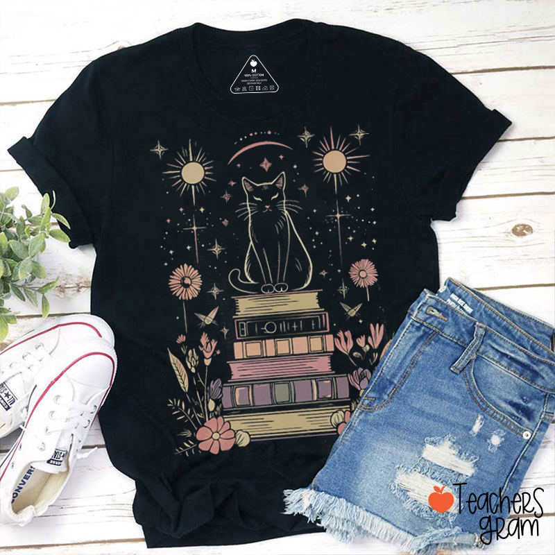 Cat On Books With Stars And Flowers Teacher T-Shirt