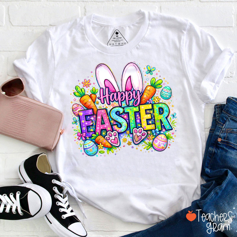 Happy Easter Electric Neon Bunny Ears Teacher T-Shirt