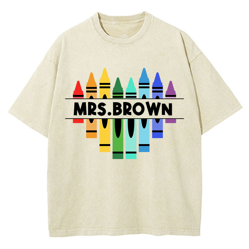 Personalized Name Colorful Crayons Teacher Washed T-Shirt