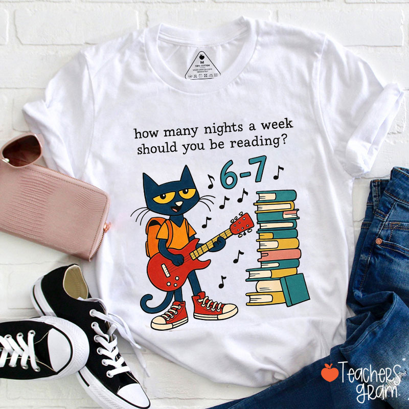 Funny Meme Blue Cat Reading Six Seven Teacher T-Shirt