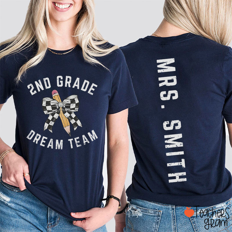 Personalized Grade And Name Checkered Pencil Bow Teacher Two Sided T-Shirt