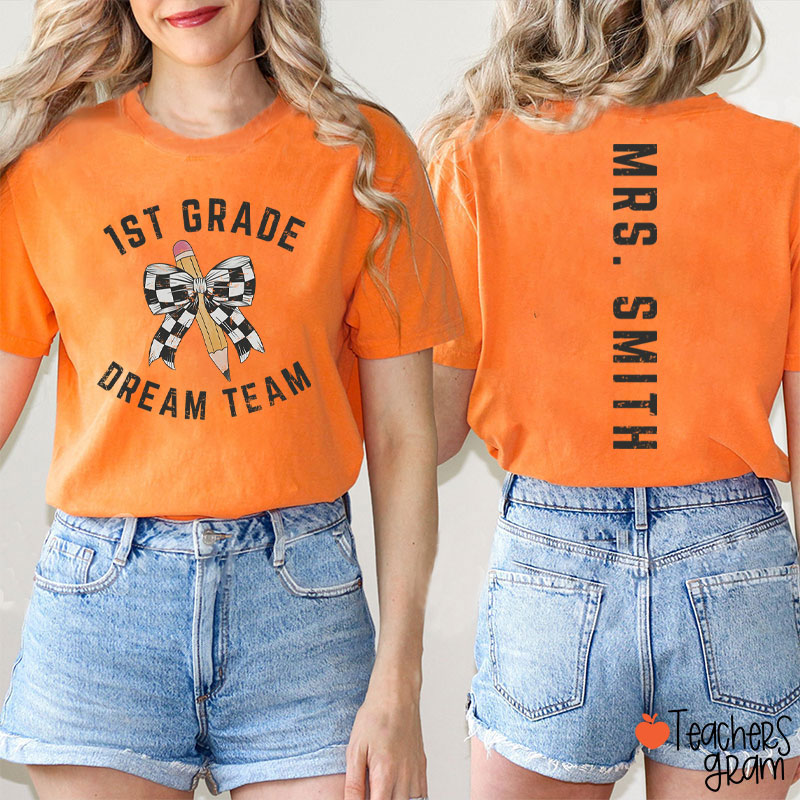 Personalized Grade And Name Checkered Pencil Bow Teacher Two Sided T-Shirt