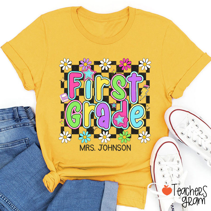 Personalized Name And Grade Checkered Flowers Teacher T-Shirt