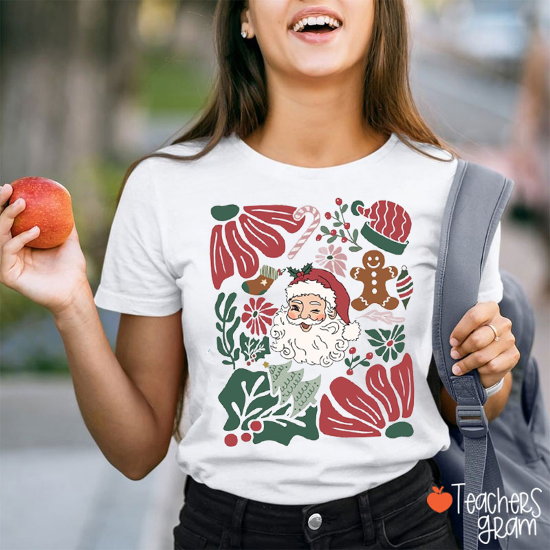 Boho Floral Santa Christmas Teacher T-Shirt