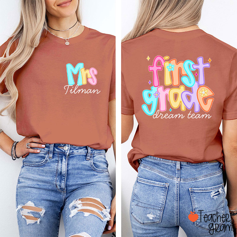 Personalized Grade And Name Candy Color Fonts Teacher Two Sided T-Shirt