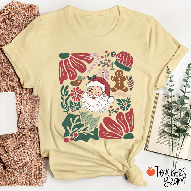 Boho Floral Santa Christmas Teacher T-Shirt