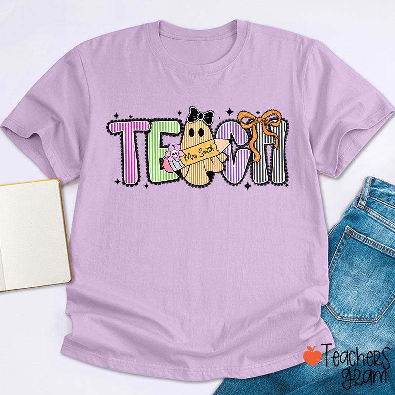 Personalized Name Preppy Teach Boo Ghost Coquette Teacher T-Shirt