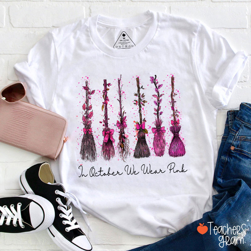 On Wednesday We Wear Pink Witch Broom Teacher T-Shirt