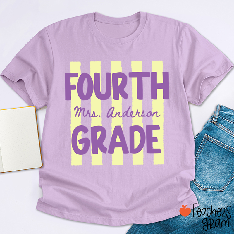 Personalized Name And Grade Preppy Stripes Teacher T-Shirt