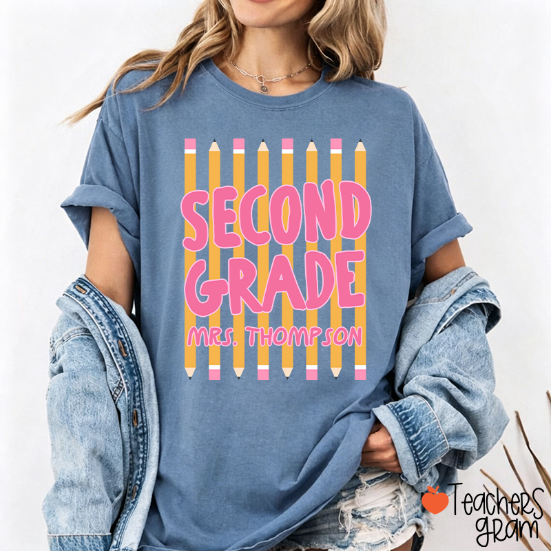 Personalized Name And Grade Pencil Stripes Teacher T-Shirt
