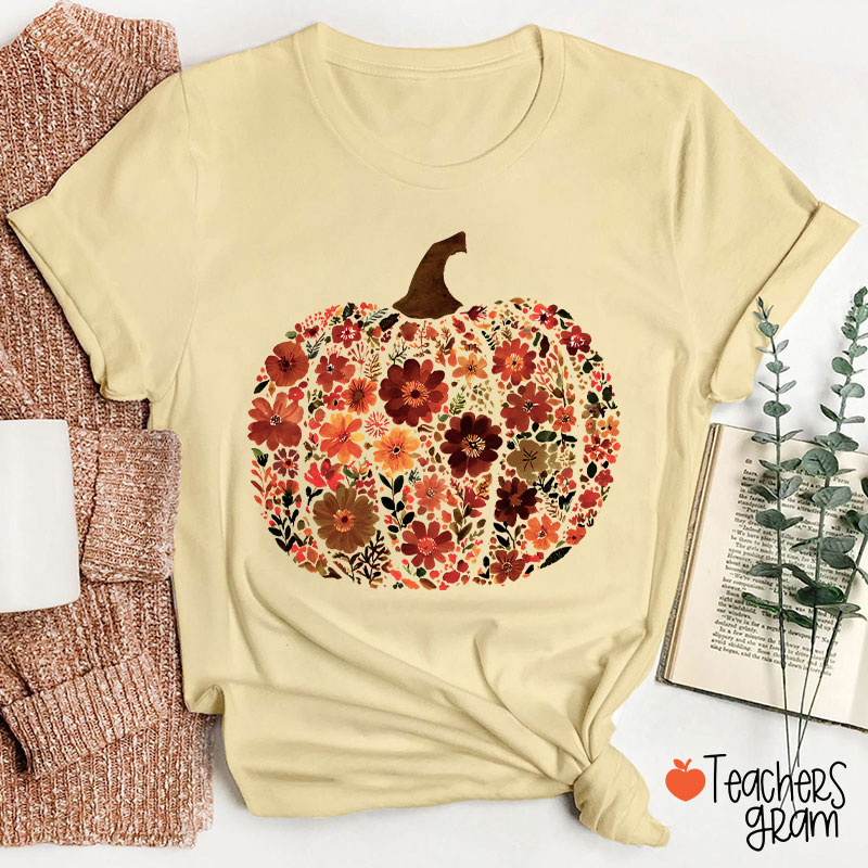 Pumpkin Orange Flowers Grass Teacher T-Shirt