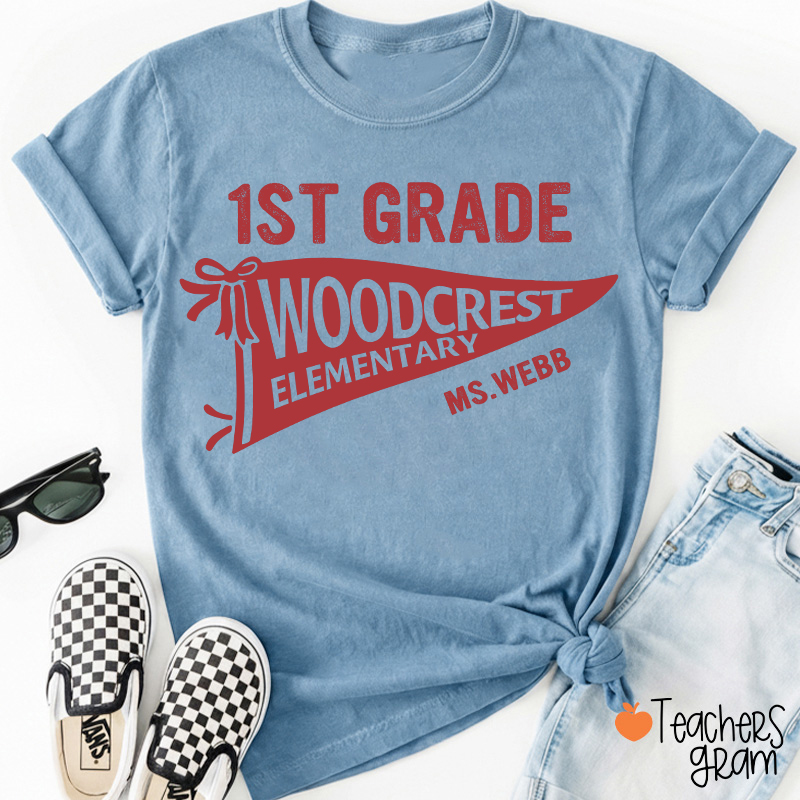 Personalized Grade And School Name Pennant Teacher T-Shirt
