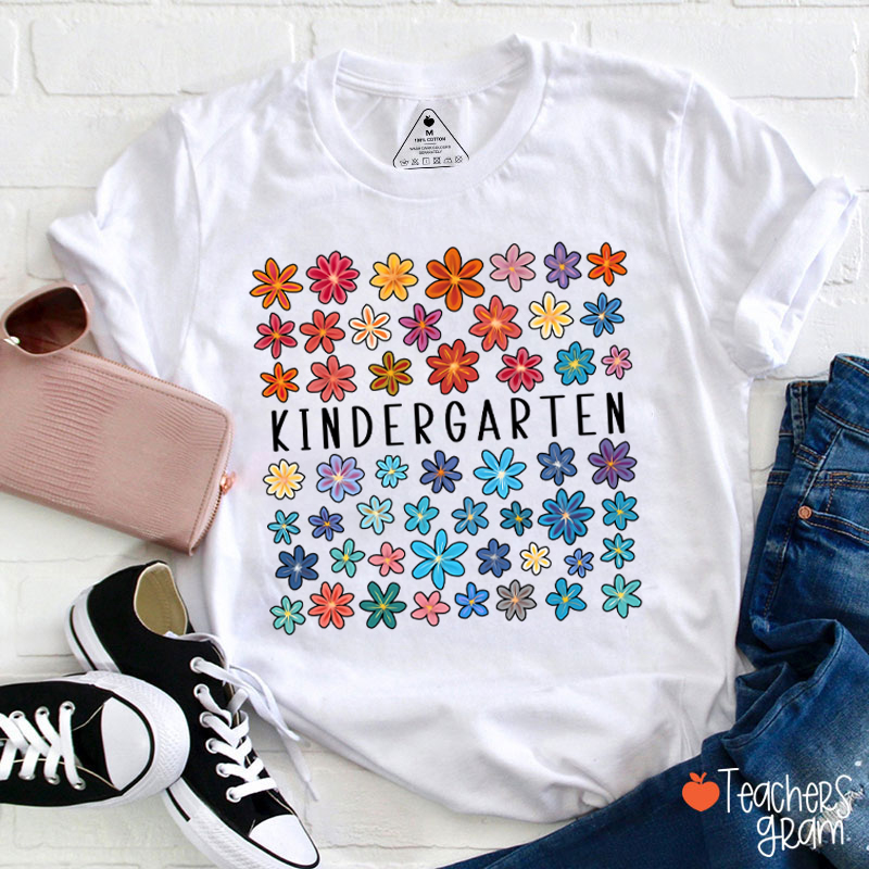 Personalized Grade Colored Flowers Teacher T-Shirt
