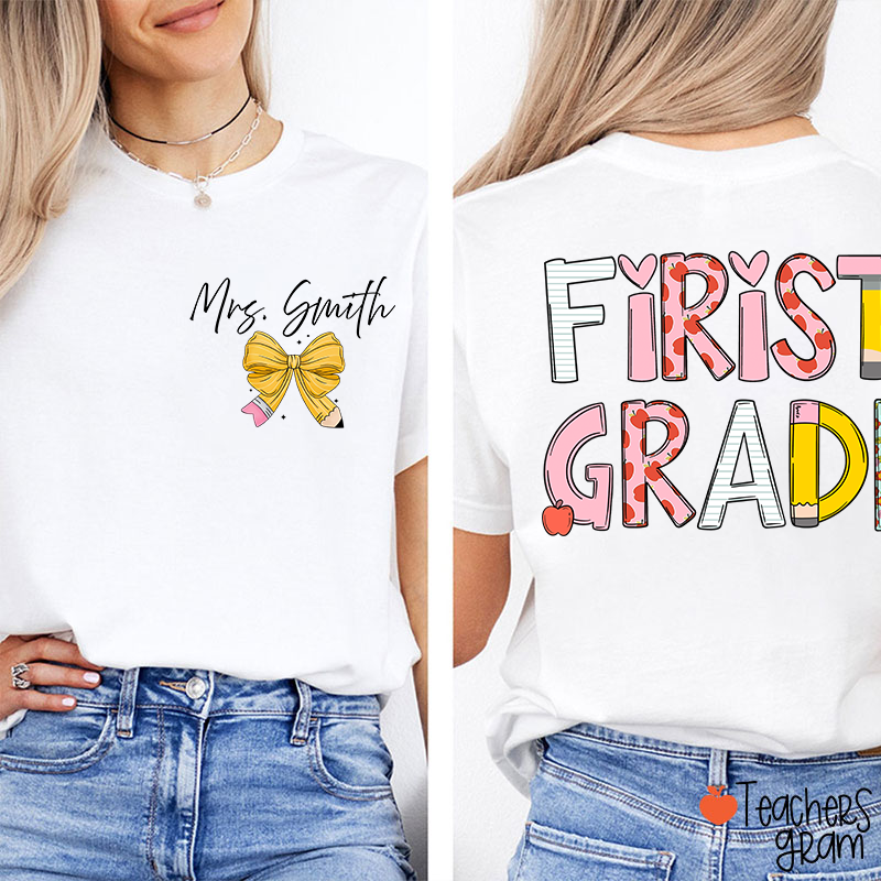 Personalized Grade Stationery  Heart Apple Pencil Teacher Two Sided T-Shirt