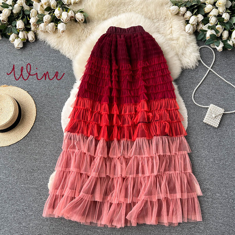 Gradient Color Irregular Mesh Long Cake Skirt Dress
