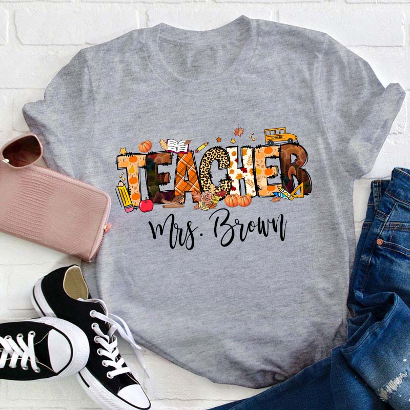 Personalized Name Autumn Crew Teacher T-Shirt