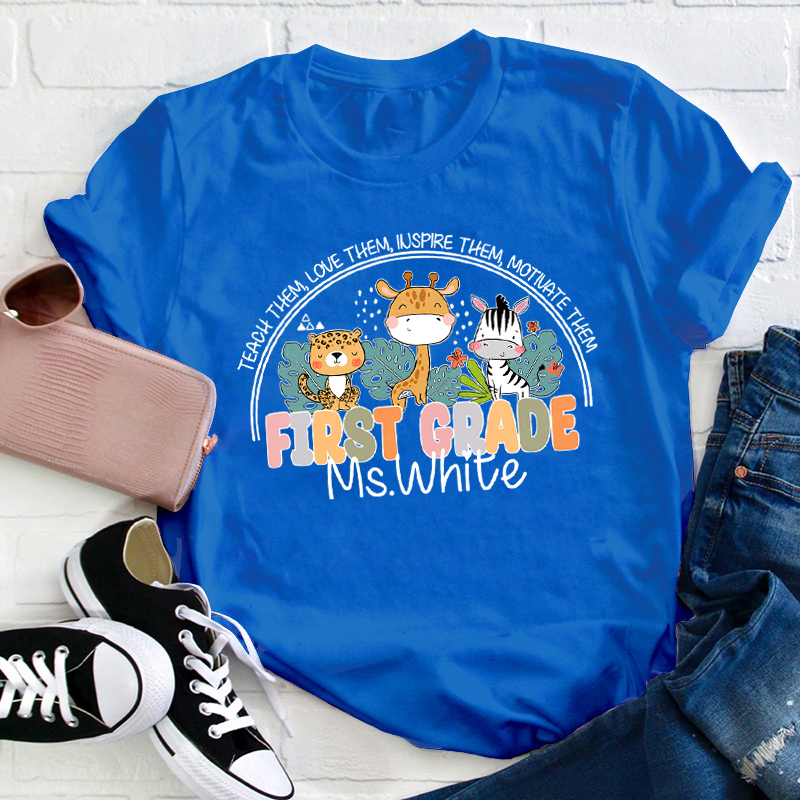 Personalized Name And Grade Cute Animals Teacher T-Shirt