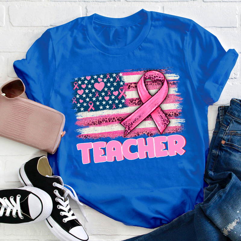 Personalized American Flag With Pink Ribbon Teacher T-Shirt
