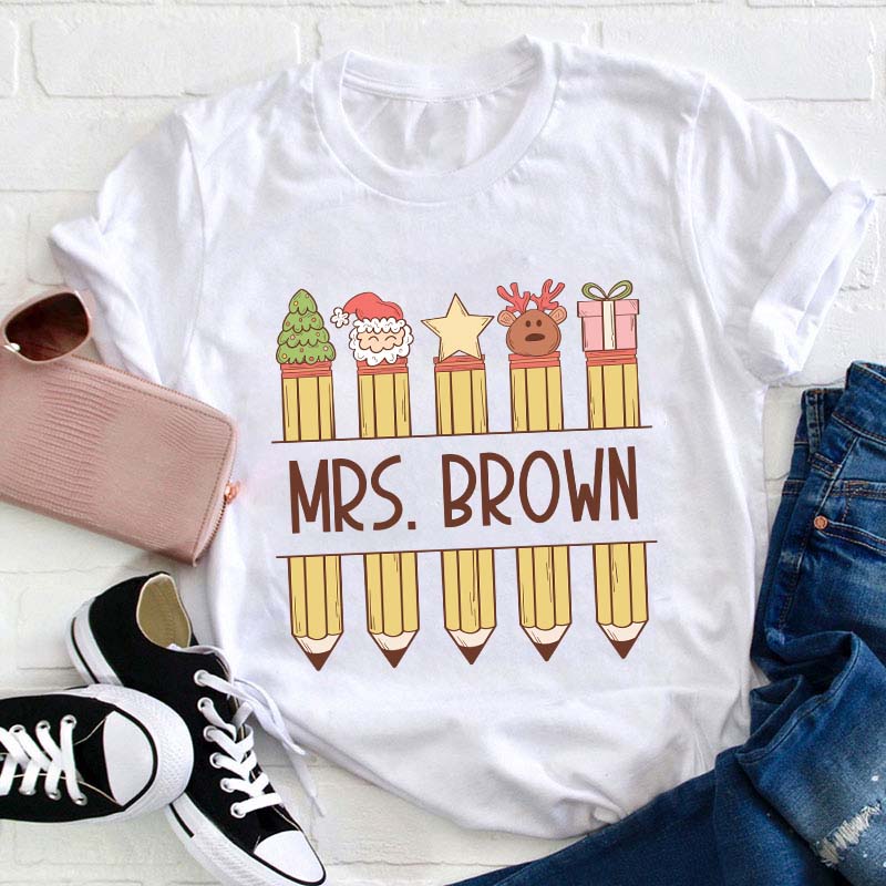 Personalized Name Christmas Pencils Teacher T-Shirt
