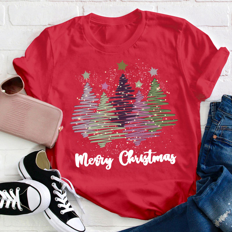 Merry Christmas Colorful Trees Teacher T-Shirt