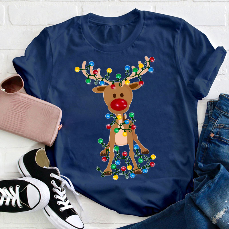 Elk Wrapped In Christmas Lights Teacher T-Shirt