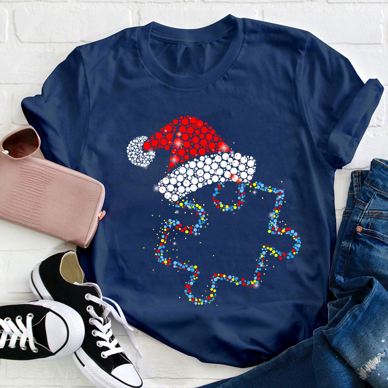 Colorful Puzzle Christmas Hat Teacher T-Shirt