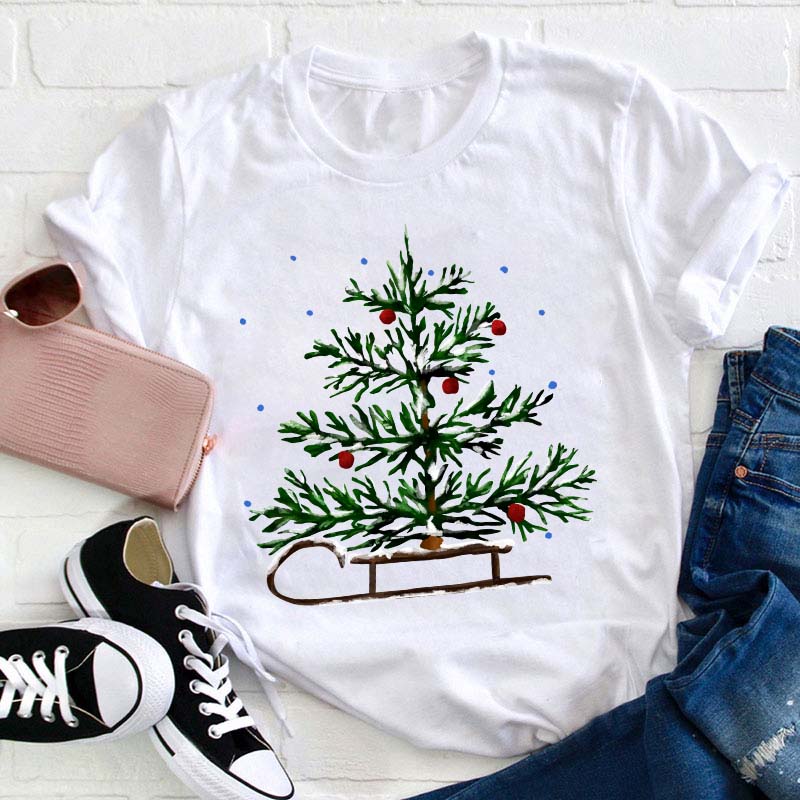 Christmas Tree Sleigh Teacher T-Shirt