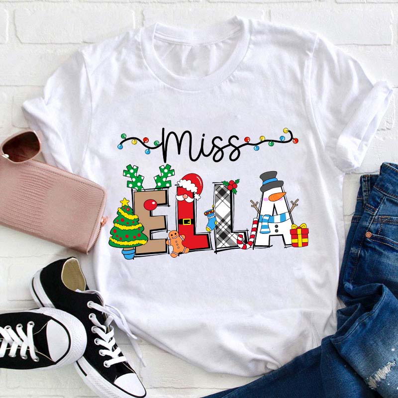 Personalized Name Cute Christmas Elements Teacher T-Shirt