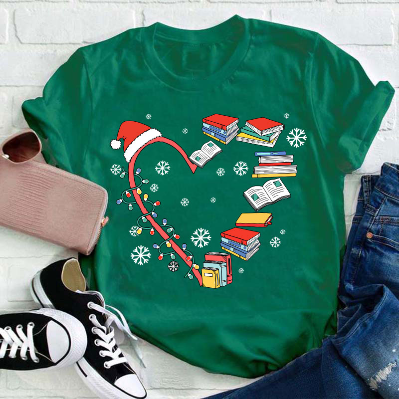 Book Heart Christmas Lights Teacher T-Shirt