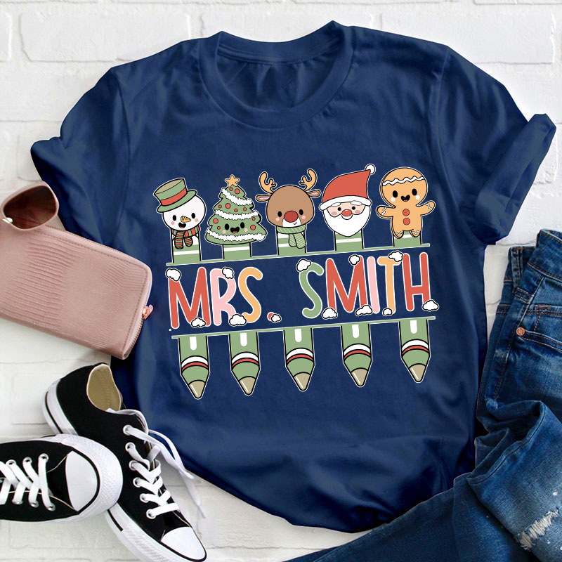 Personalized Name Cute Christmas Pen Teacher T-Shirt