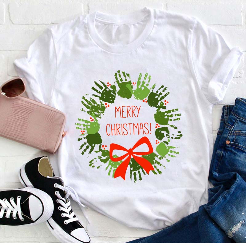 Cute Hands Merry Christmas Teacher T-Shirt