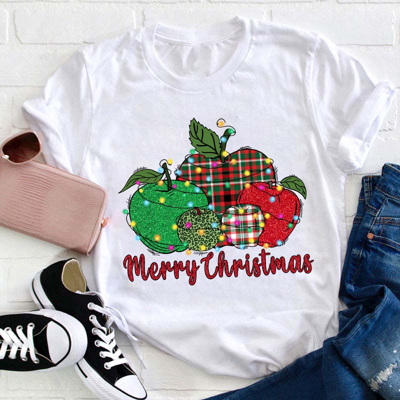 Christmas Apples Surrounded By Lights Teacher T-Shirt