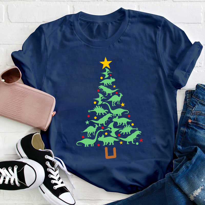 Dinosaur Chirstmas Tree Teacher T-Shirt