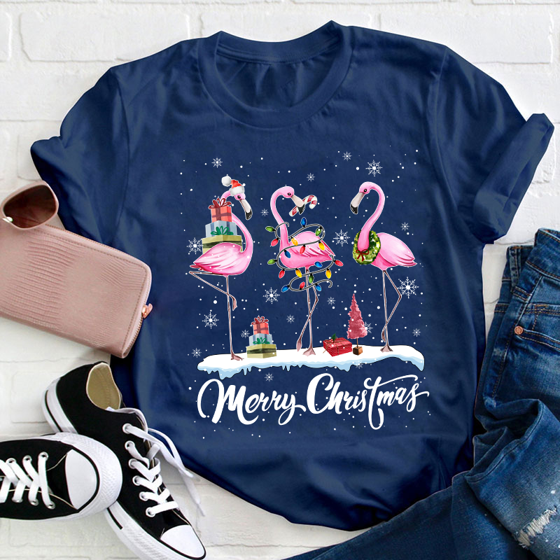 Pink Flamingo Merry Christmas Teacher T-Shirt