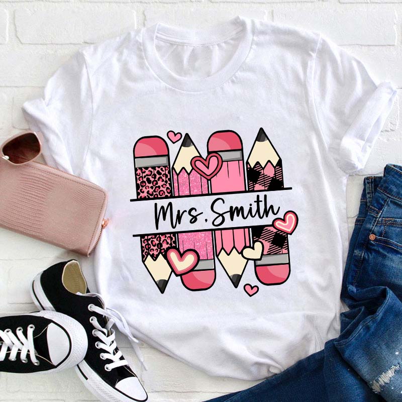 Personalized Name Pink Pencil Teacher T-Shirt