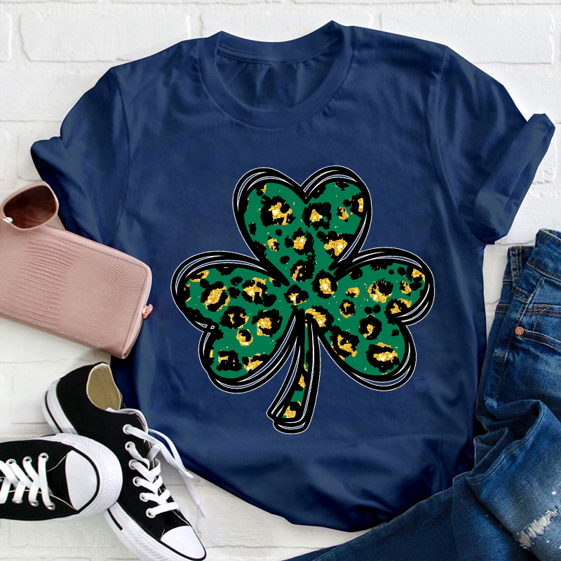 Leopard Glitter Shamrock Teacher T-Shirt