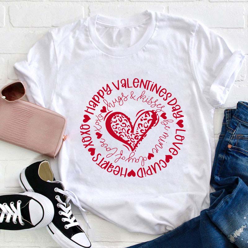 Happy Valentine's Day Leopard Circle Teacher T-Shirt