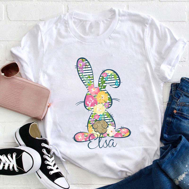 Personalized Floral Bunny Teacher T-Shirt