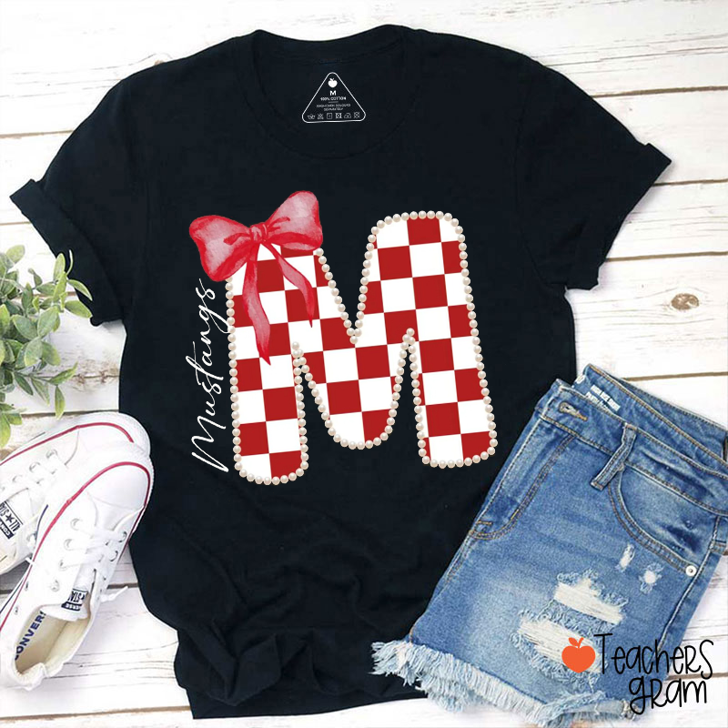 Personalized Mascot Pearl Checkered Letter Bow Teacher T‑Shirt