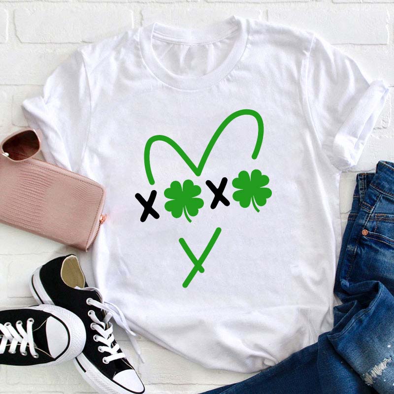 Vibrant Xoxo Four Leaf Clover Heart Teacher T-Shirt